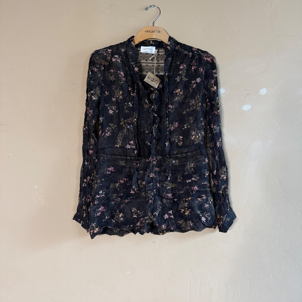 NWT Zimmermann Silk Floral Lace-Up Blouse Black Sheer Lace Pintuck Top - Picture 2 of 7
